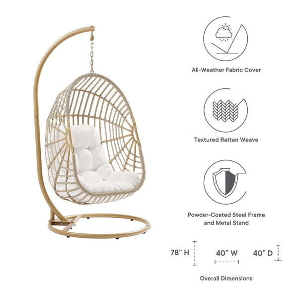 Modway Furniture Amalie Wicker Rattan Outdoor Swing Chair with Metal Stand – Coastal Comfort for Indoor & Patio Use EEI-6337-NAT-WHI