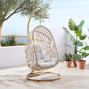 Modway Furniture Amalie Wicker Rattan Outdoor Swing Chair with Metal Stand – Coastal Comfort for Indoor & Patio Use EEI-6337-NAT-WHI