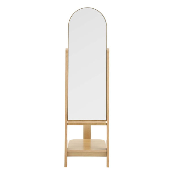 Modway Furniture Ascend Full-Length Standing Mirror with Arched Glass and Stylish Storage for Organizing Outfits Oak EEI-6346-OAK