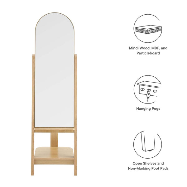 Modway Furniture Ascend Full-Length Standing Mirror with Arched Glass and Stylish Storage for Organizing Outfits Oak EEI-6346-OAK