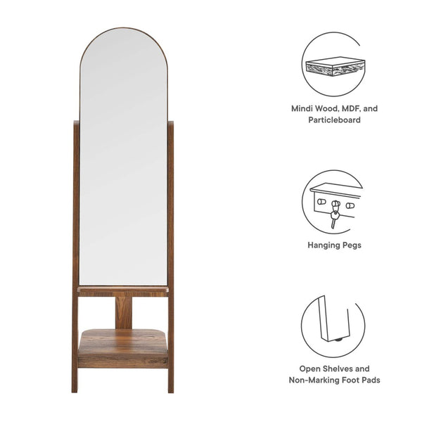 Modway Furniture Ascend Full-Length Standing Mirror with Arched Glass and Stylish Storage for Organizing Outfits Walnut EEI-6346-WAL