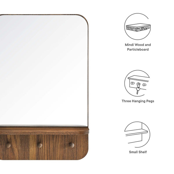 Modway Furniture Lumina Mirror - Stylish Space-Saving Design with Shelf and Pegs for Organized Entryway Décor Walnut EEI-6348-WAL