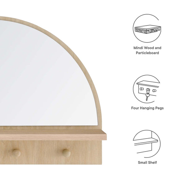 Modway Furniture Moonbeam Arched Wall Mirror with Shelf & Pegs - Stylish Entryway Storage Solution for Modern Spaces Oak EEI-6350-OAK