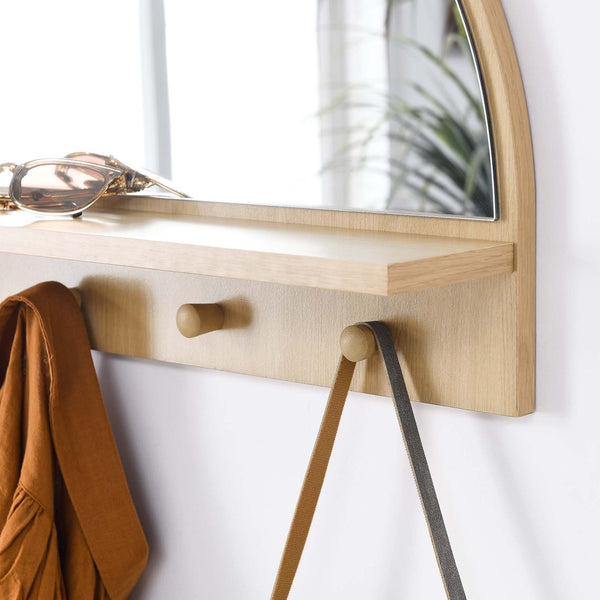 Modway Furniture Moonbeam Arched Wall Mirror with Shelf & Pegs - Stylish Entryway Storage Solution for Modern Spaces Oak EEI-6350-OAK