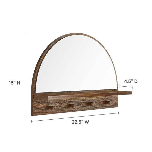 Modway Furniture Moonbeam Arched Wall Mirror with Shelf & Pegs - Stylish Entryway Storage Solution for Modern Spaces Walnut EEI-6350-WAL