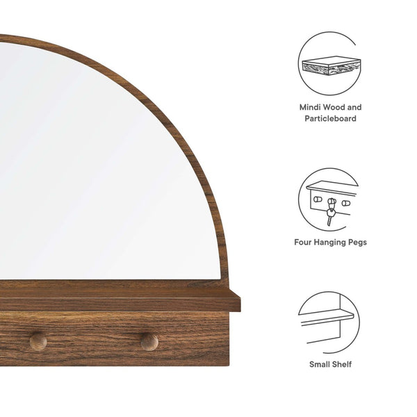 Modway Furniture Moonbeam Arched Wall Mirror with Shelf & Pegs - Stylish Entryway Storage Solution for Modern Spaces Walnut EEI-6350-WAL