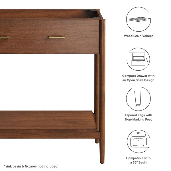 Modway Furniture Zaire 36" Bathroom Vanity Cabinet - Mid-Century Modern Design with Practical Storage Solution Walnut EEI-6354-WAL