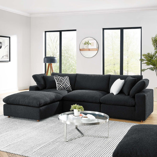 Modway Furniture Commix 4-Piece Overstuffed Boucle Fabric Sectional Sofa - Luxurious Comfort for Modern Living Spaces Black EEI-6363-BLK