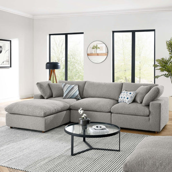 Modway Furniture Commix 4-Piece Overstuffed Boucle Fabric Sectional Sofa - Luxurious Comfort for Modern Living Spaces Light Gray EEI-6363-LGR