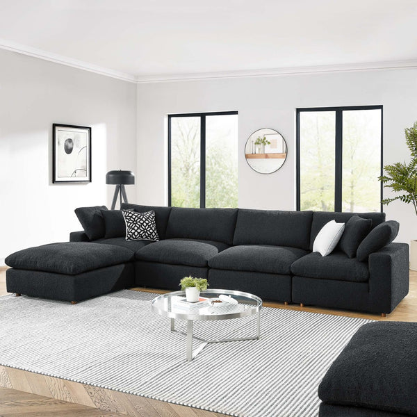 Modway Furniture Commix 5-Piece Overstuffed Boucle Fabric Sectional Sofa – Luxurious Comfort for Modern Living Spaces Black EEI-6365-BLK