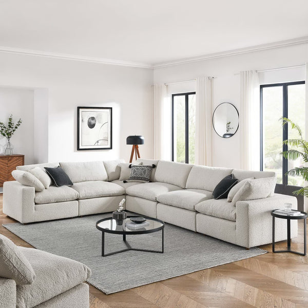 Modway Furniture Commix 6-Piece Overstuffed Boucle Fabric Sectional Sofa - Stylish Comfort for Modern Living Spaces Ivory EEI-6369-IVO