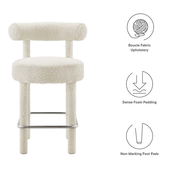 Modway Furniture Toulouse Boucle Fabric Counter Stool - Modern Glam Design with Curved Back & Metal Legs, Ivory Silver EEI-6383-IVO-SLV