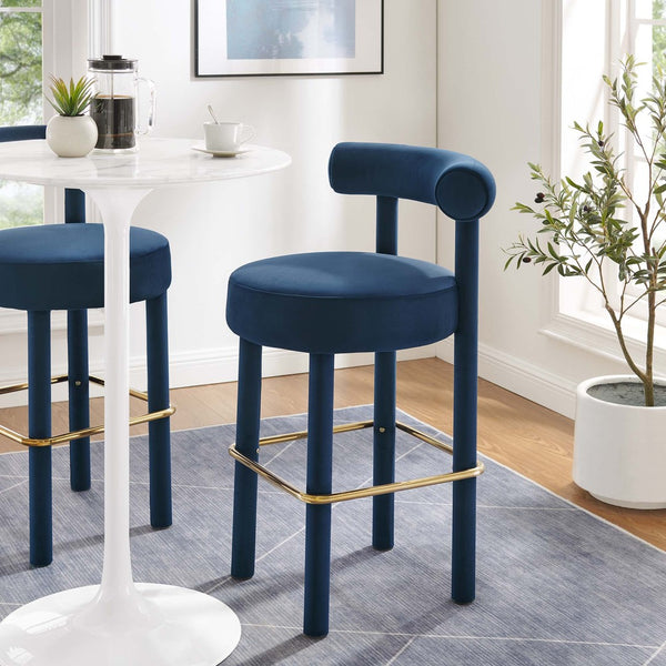 Modway Furniture Toulouse Performance Velvet Bar Stool - Luxurious Midnight Blue Glam Design for Modern Spaces EEI-6386-MID-GLD