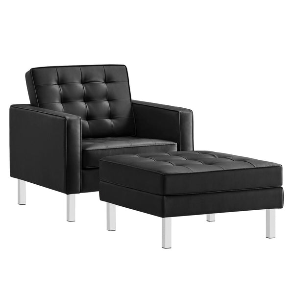 Modway Furniture Loft Tufted Vegan Leather Armchair and Ottoman Set for Stylish Comfort in Modern Living Spaces Silver Black EEI-6409-SLV-BLK-SET