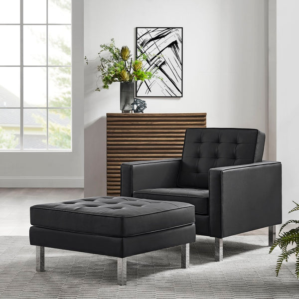 Modway Furniture Loft Tufted Vegan Leather Armchair and Ottoman Set for Stylish Comfort in Modern Living Spaces Silver Black EEI-6409-SLV-BLK-SET