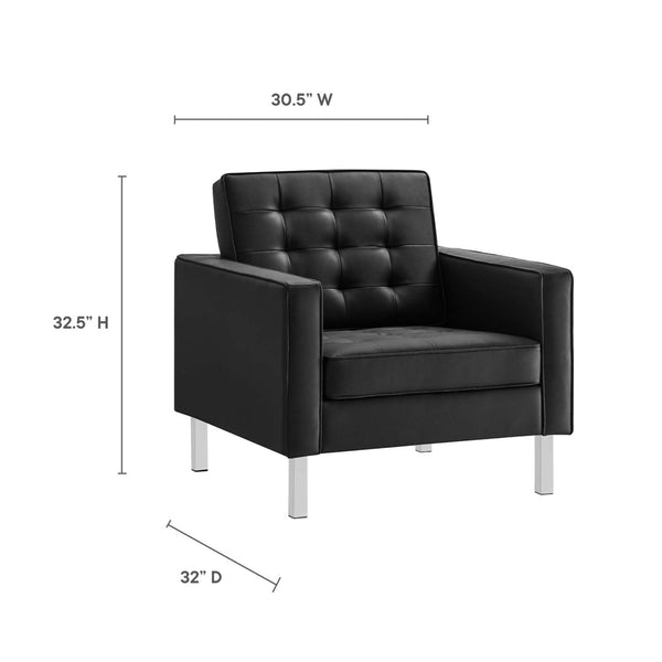 Modway Furniture Loft Tufted Vegan Leather Armchair and Ottoman Set for Stylish Comfort in Modern Living Spaces Silver Black EEI-6409-SLV-BLK-SET