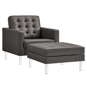 Modway Furniture Loft Tufted Vegan Leather Armchair and Ottoman Set for Stylish Comfort in Modern Living Spaces Silver Gray EEI-6409-SLV-GRY-SET