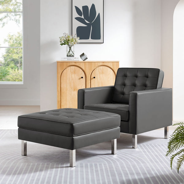 Modway Furniture Loft Tufted Vegan Leather Armchair and Ottoman Set for Stylish Comfort in Modern Living Spaces Silver Gray EEI-6409-SLV-GRY-SET