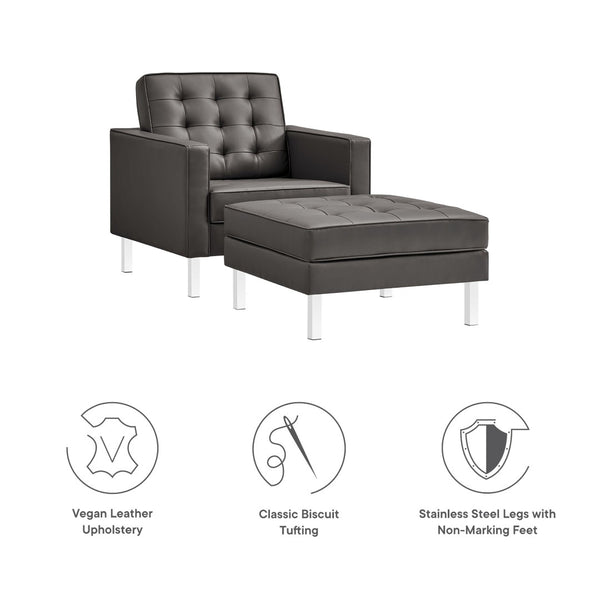 Modway Furniture Loft Tufted Vegan Leather Armchair and Ottoman Set for Stylish Comfort in Modern Living Spaces Silver Gray EEI-6409-SLV-GRY-SET