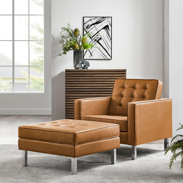 Modway Furniture Loft Tufted Vegan Leather Armchair and Ottoman Set for Stylish Comfort in Modern Living Spaces Silver Tan EEI-6409-SLV-TAN-SET