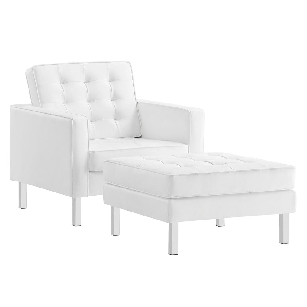 Modway Furniture Loft Tufted Vegan Leather Armchair and Ottoman Set for Stylish Comfort in Modern Living Spaces Silver White EEI-6409-SLV-WHI-SET