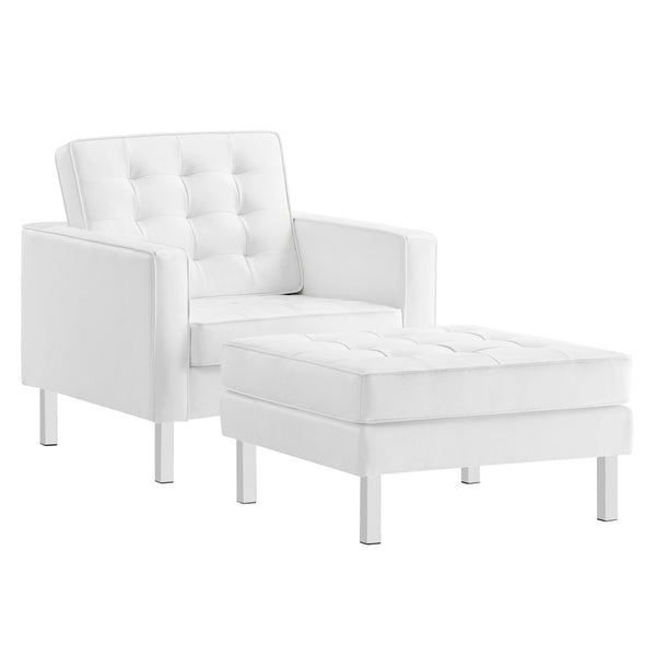 Modway Furniture Loft Tufted Vegan Leather Armchair and Ottoman Set for Stylish Comfort in Modern Living Spaces Silver White EEI-6409-SLV-WHI-SET