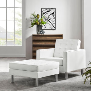 Modway Furniture Loft Tufted Vegan Leather Armchair and Ottoman Set for Stylish Comfort in Modern Living Spaces Silver White EEI-6409-SLV-WHI-SET