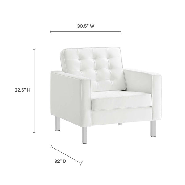 Modway Furniture Loft Tufted Vegan Leather Armchair and Ottoman Set for Stylish Comfort in Modern Living Spaces Silver White EEI-6409-SLV-WHI-SET