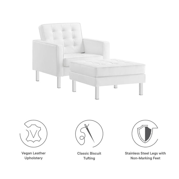 Modway Furniture Loft Tufted Vegan Leather Armchair and Ottoman Set for Stylish Comfort in Modern Living Spaces Silver White EEI-6409-SLV-WHI-SET