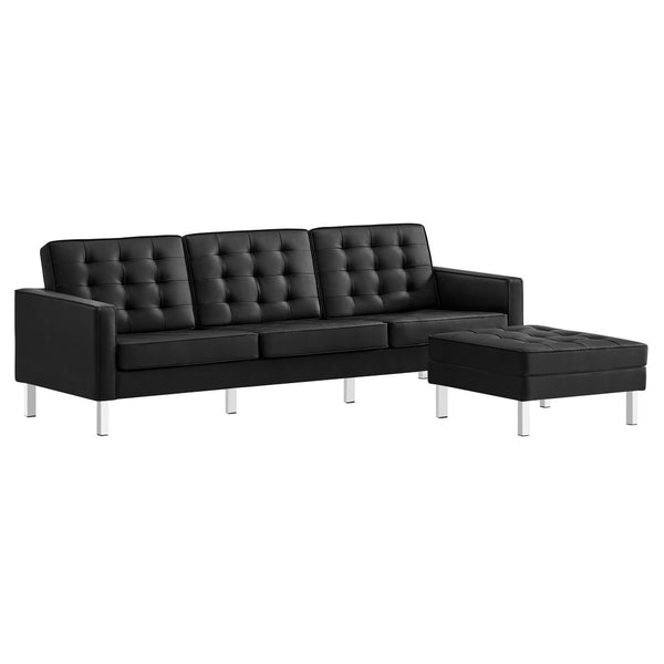 Modway Furniture Loft Tufted Vegan Leather Sofa and Ottoman Set – Mid-Century Modern Comfort for Any Space Silver Black EEI-6410-SLV-BLK-SET