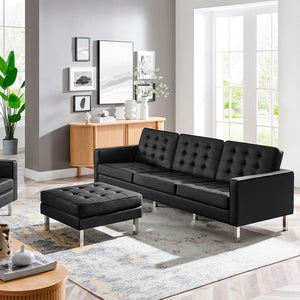 Modway Furniture Loft Tufted Vegan Leather Sofa and Ottoman Set – Mid-Century Modern Comfort for Any Space Silver Black EEI-6410-SLV-BLK-SET