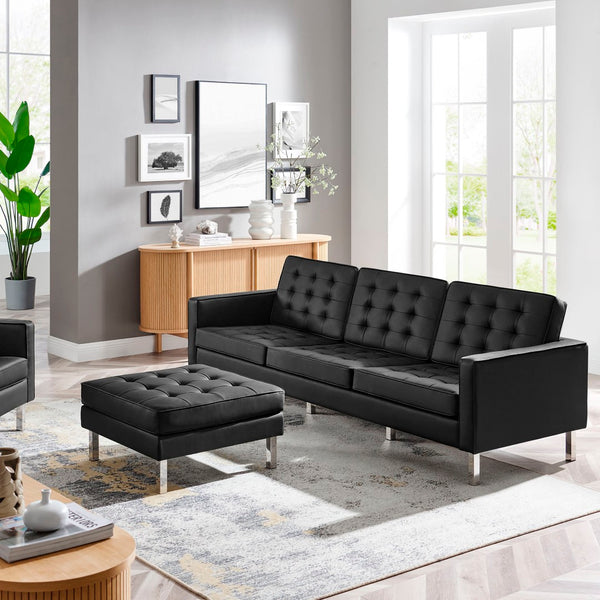 Modway Furniture Loft Tufted Vegan Leather Sofa and Ottoman Set – Mid-Century Modern Comfort for Any Space Silver Black EEI-6410-SLV-BLK-SET