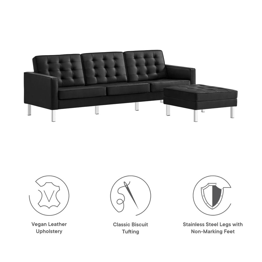 Modway Furniture Loft Tufted Vegan Leather Sofa and Ottoman Set – Mid-Century Modern Comfort for Any Space Silver Black EEI-6410-SLV-BLK-SET