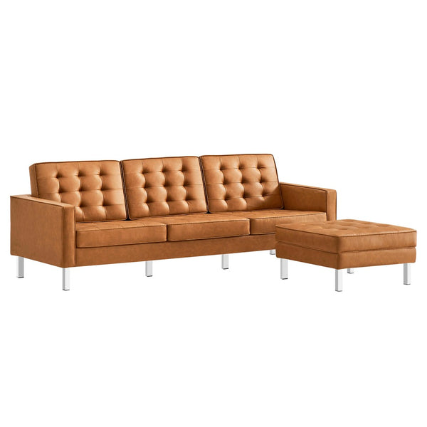 Modway Furniture Loft Tufted Vegan Leather Sofa and Ottoman Set – Mid-Century Modern Comfort for Any Space Silver Tan EEI-6410-SLV-TAN-SET