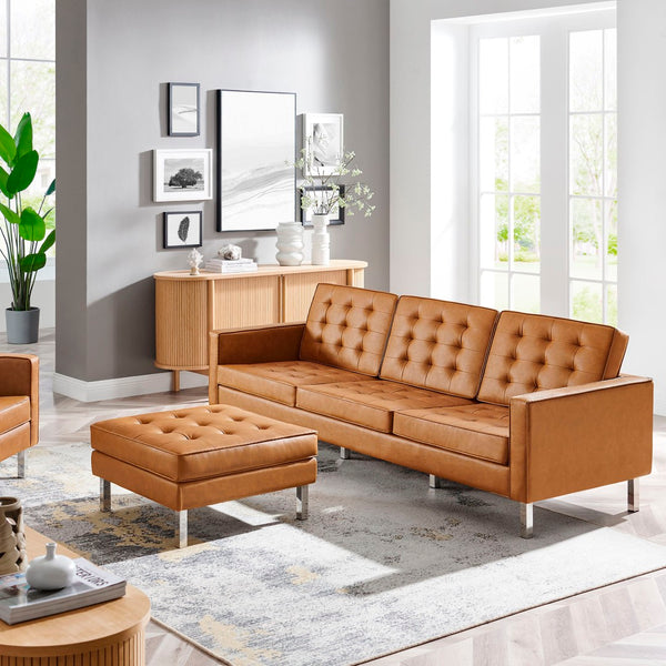 Modway Furniture Loft Tufted Vegan Leather Sofa and Ottoman Set – Mid-Century Modern Comfort for Any Space Silver Tan EEI-6410-SLV-TAN-SET
