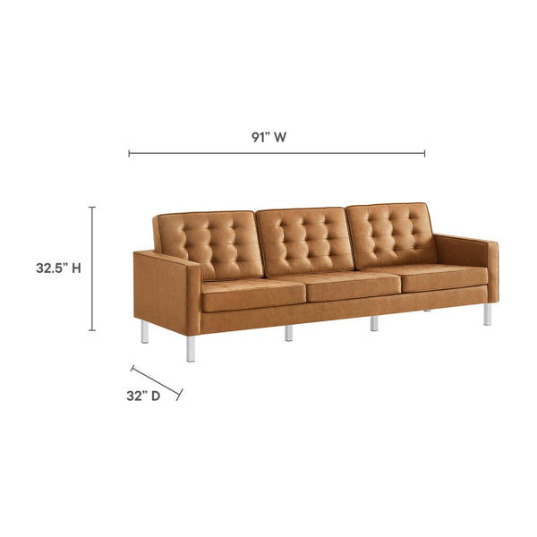 Modway Furniture Loft Tufted Vegan Leather Sofa and Ottoman Set – Mid-Century Modern Comfort for Any Space Silver Tan EEI-6410-SLV-TAN-SET