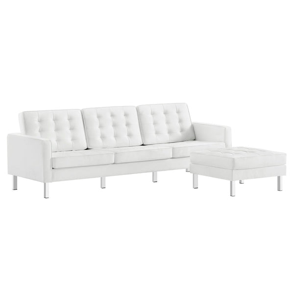 Modway Furniture Loft Tufted Vegan Leather Sofa and Ottoman Set – Mid-Century Modern Comfort for Any Space Silver White EEI-6410-SLV-WHI-SET