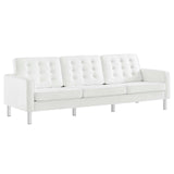 Modway Furniture Loft Tufted Vegan Leather Sofa and Ottoman Set Silver White 32 x 118.5 x 32.5