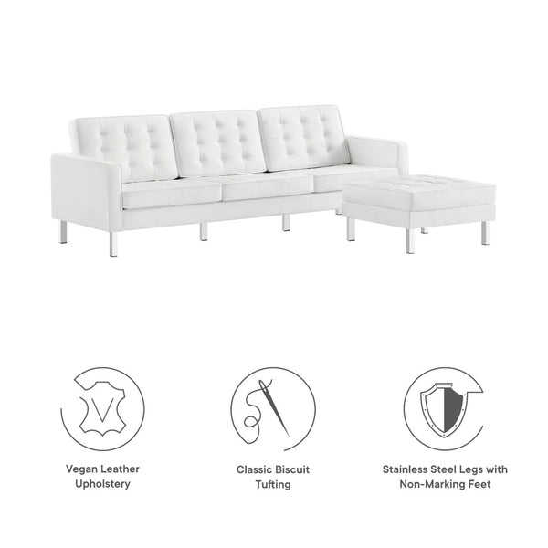 Modway Furniture Loft Tufted Vegan Leather Sofa and Ottoman Set – Mid-Century Modern Comfort for Any Space Silver White EEI-6410-SLV-WHI-SET