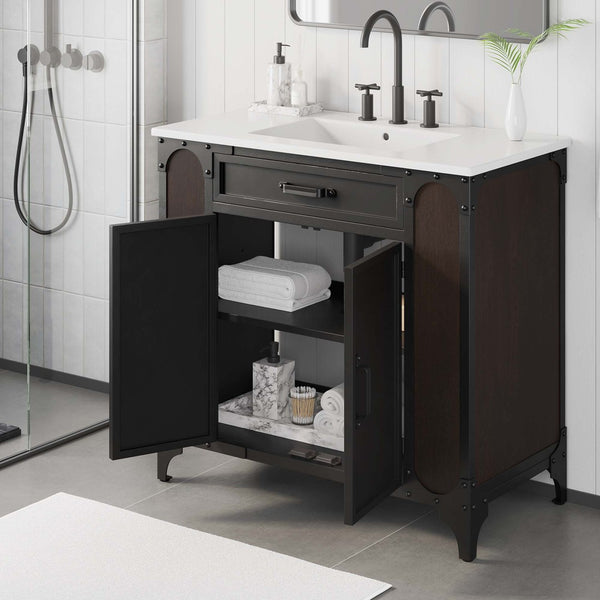 Modway Furniture Steamforge 36" Bathroom Vanity - Modern Industrial Design with Ceramic Sink & Ample Storage Solutions EEI-6417-WHI-BLK