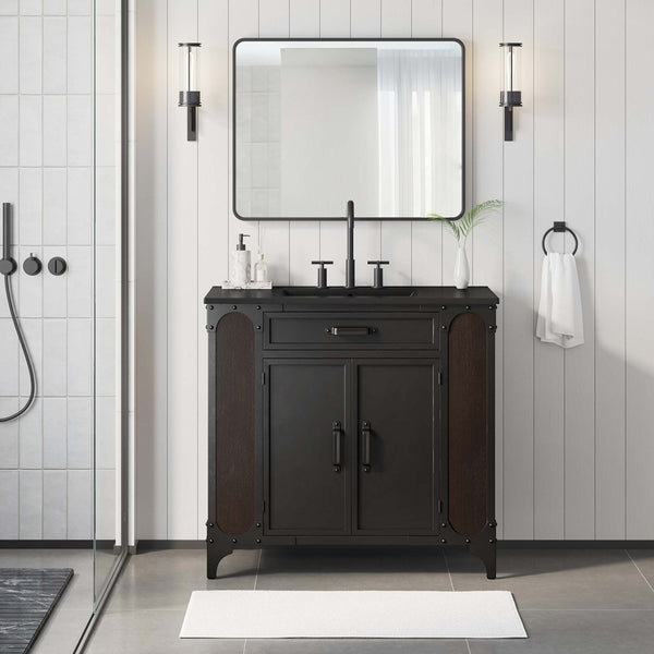 Modway Furniture Steamforge 36" Bathroom Vanity - Industrial-Modern Design with Ceramic Sink & Ample Storage Options EEI-6418-BLK-BLK