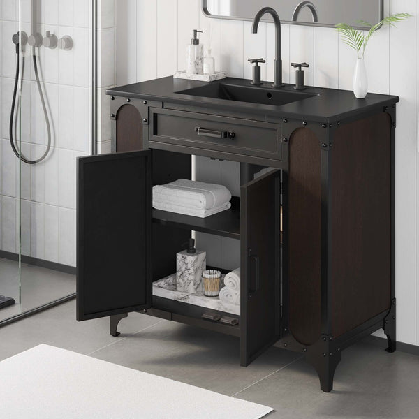 Modway Furniture Steamforge 36" Bathroom Vanity - Industrial-Modern Design with Ceramic Sink & Ample Storage Options EEI-6418-BLK-BLK