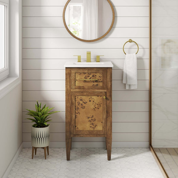 Modway Furniture Elysian 18" Wood Bathroom Vanity - Handcrafted Mid-Century Design with Ceramic Sink & Storage Solutions EEI-6436-WHI-BRN