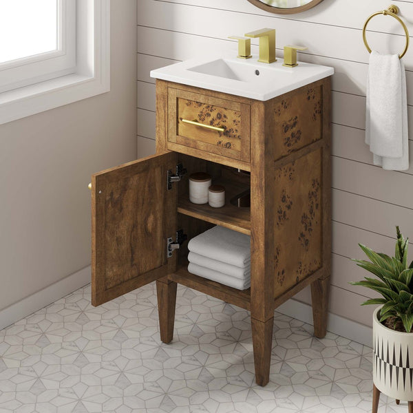 Modway Furniture Elysian 18" Wood Bathroom Vanity - Handcrafted Mid-Century Design with Ceramic Sink & Storage Solutions EEI-6436-WHI-BRN