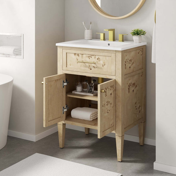 Modway Furniture Elysian 24" Wood Bathroom Vanity - Handcrafted White Burl Design with Ceramic Sink & Storage Space EEI-6439-WHI-BUR