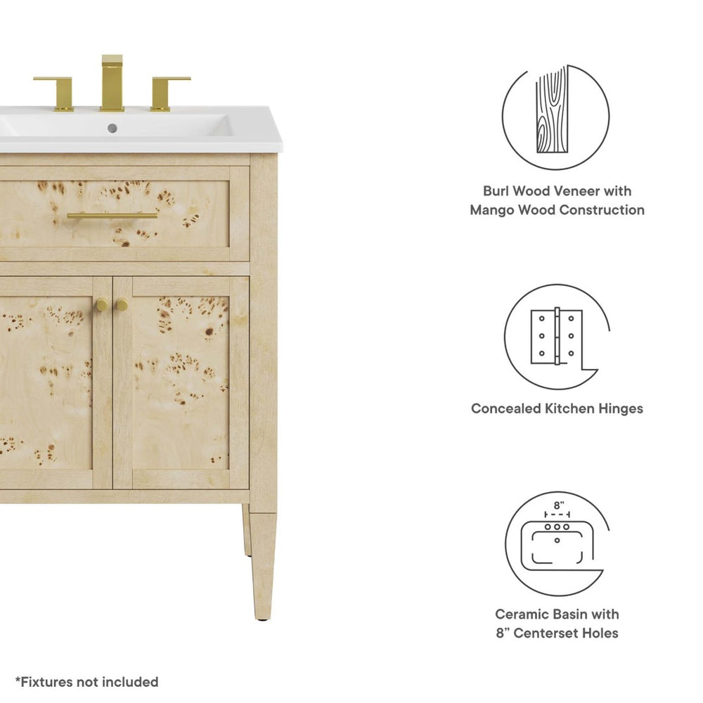 Modway Furniture Elysian 24" Wood Bathroom Vanity - Handcrafted White Burl Design with Ceramic Sink & Storage Space EEI-6439-WHI-BUR
