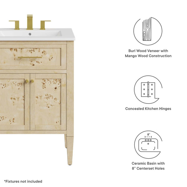 Modway Furniture Elysian 24" Wood Bathroom Vanity - Handcrafted White Burl Design with Ceramic Sink & Storage Space EEI-6439-WHI-BUR