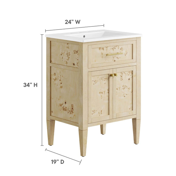 Modway Furniture Elysian 24" Wood Bathroom Vanity - Handcrafted White Burl Design with Ceramic Sink & Storage Space EEI-6439-WHI-BUR