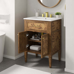 Modway Furniture Elysian 24" Wood Bathroom Vanity - Handcrafted Mango with Ceramic Sink & Stylish Storage Solutions EEI-6440-WHI-BRN