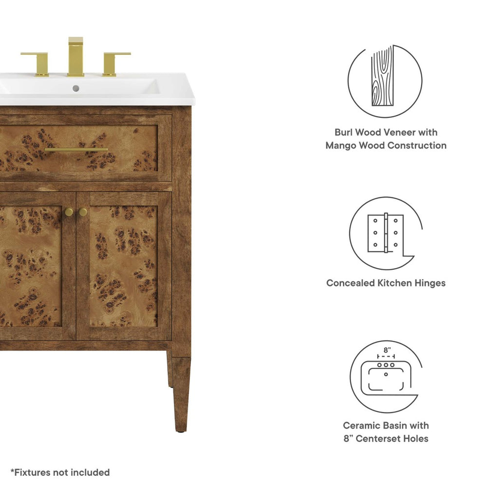 Modway Furniture Elysian 24" Wood Bathroom Vanity - Handcrafted Mango with Ceramic Sink & Stylish Storage Solutions EEI-6440-WHI-BRN